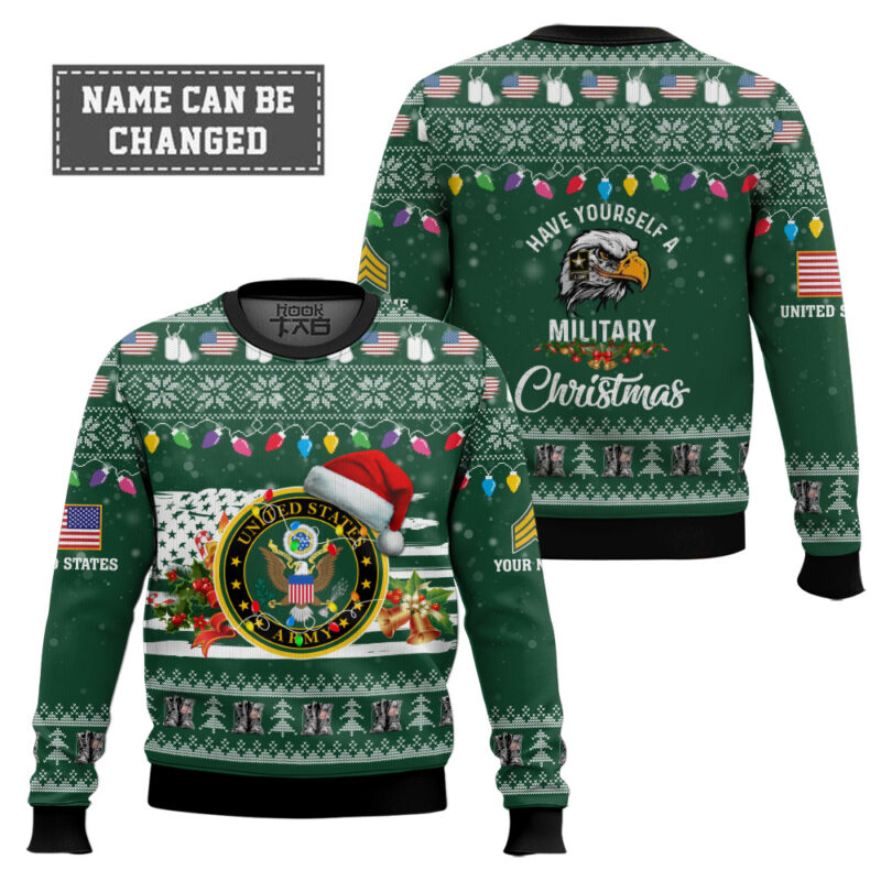 Hooktab US Army Have Yourself A Military Christmas - Custom Name And Rank Ugly Sweater Hooktab US Army Have Yourself A Military Christmas - Custom Name And Rank Ugly Sweater