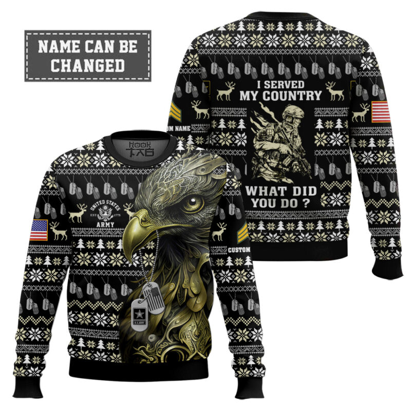 Hooktab US Army Liberty Eagle I Served My Country - Custom Name And Rank Ugly Sweater Hooktab US Army Liberty Eagle I Served My Country - Custom Name And Rank Ugly Sweater