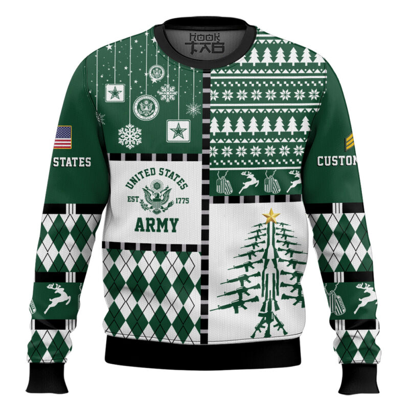 Hooktab US Army Merry Christmas Veteran - Custom Name And Rank Ugly Sweater