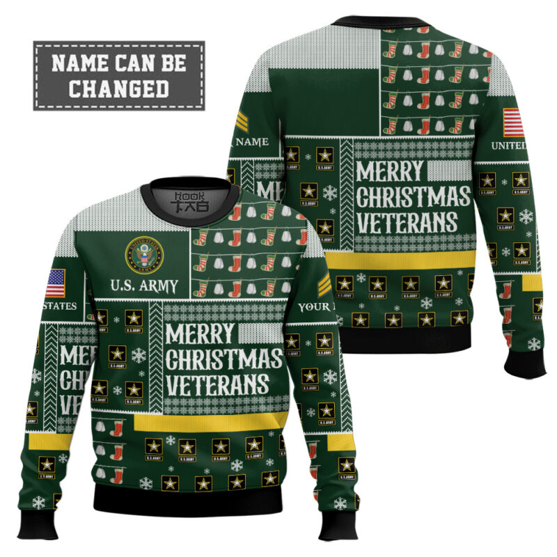 Hooktab US Army Merry Christmas Veterans - Custom Name And Rank Ugly Sweater Hooktab US Army Merry Christmas Veterans - Custom Name And Rank Ugly Sweater