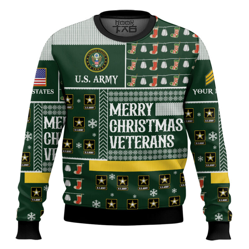 Hooktab US Army Merry Christmas Veterans - Custom Name And Rank Ugly Sweater