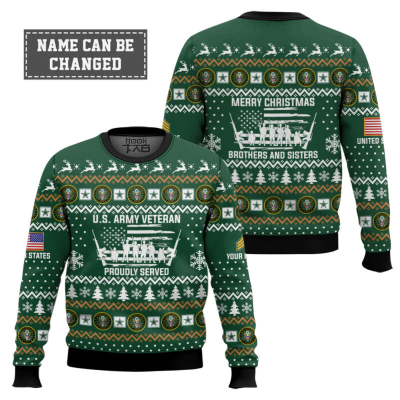 Hooktab US Army Merry Xmas Brothers And Sisters - Custom Name And Rank Ugly Sweater Hooktab US Army Merry Xmas Brothers And Sisters - Custom Name And Rank Ugly Sweater