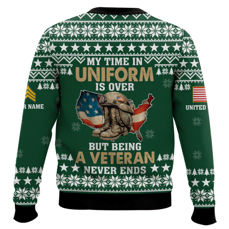 Hooktab US Army My Time In Uniform Is Over But Being A Veteran Never Ends - Custom Name And Rank Ugly Sweater Hooktab US Army My Time In Uniform Is Over But Being A Veteran Never Ends - Custom Name And Rank Ugly Sweater