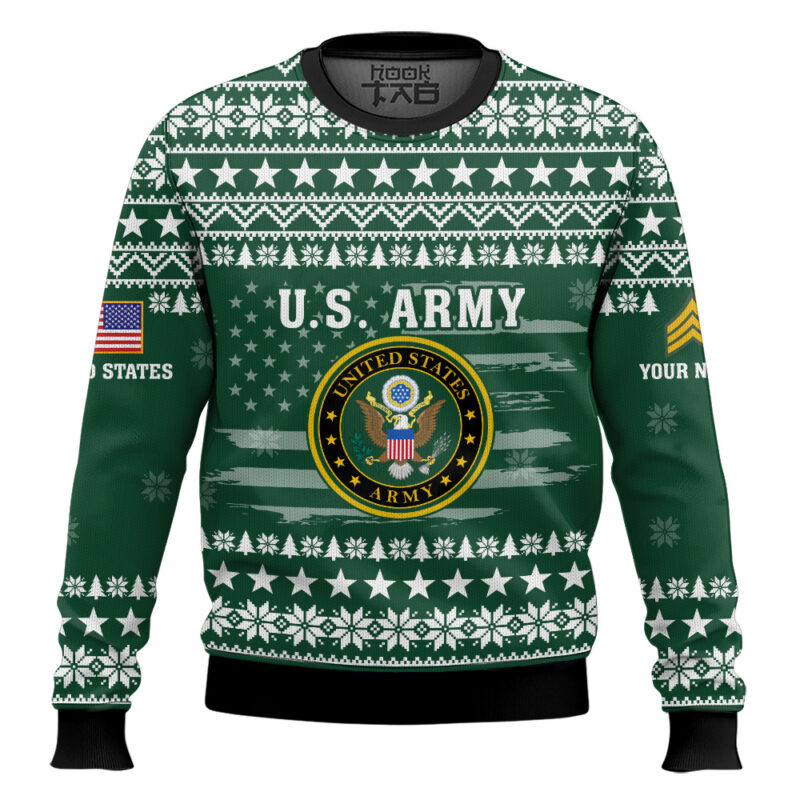 Hooktab US Army My Time In Uniform Is Over But Being A Veteran Never Ends - Custom Name And Rank Ugly Sweater