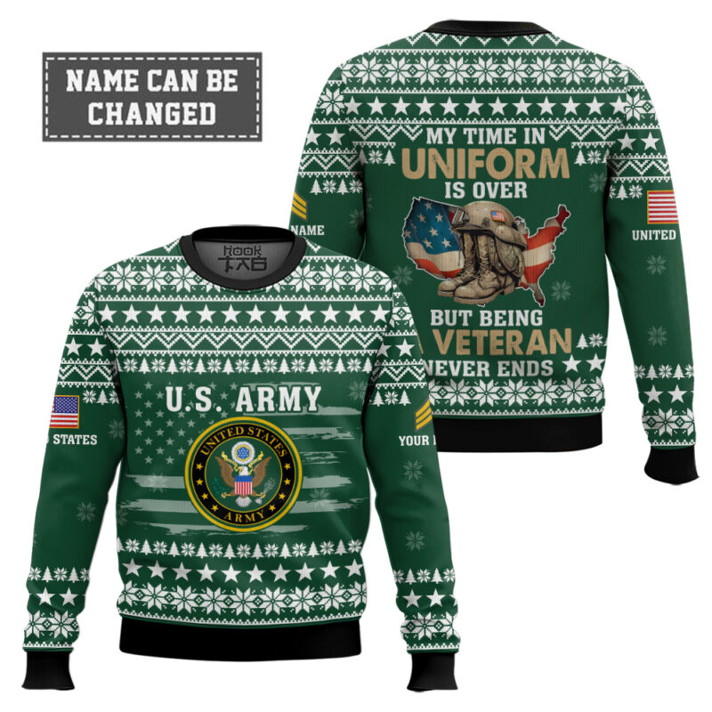 Hooktab US Army My Time In Uniform Is Over But Being A Veteran Never Ends - Custom Name And Rank Ugly Sweater Hooktab US Army My Time In Uniform Is Over But Being A Veteran Never Ends - Custom Name And Rank Ugly Sweater