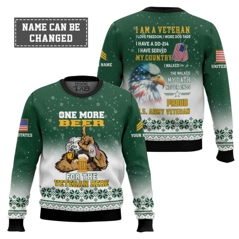 Hooktab US Army One More Beer For The Veteran Here - Custom Name And Rank Ugly Sweater Hooktab US Army One More Beer For The Veteran Here - Custom Name And Rank Ugly Sweater