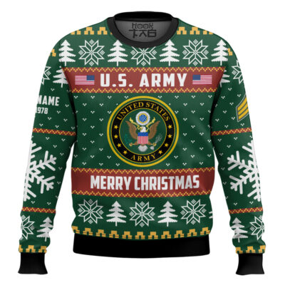 Hooktab US Army Proud Veteran - Custom Name, Rank And Years Of Service Ugly Sweater