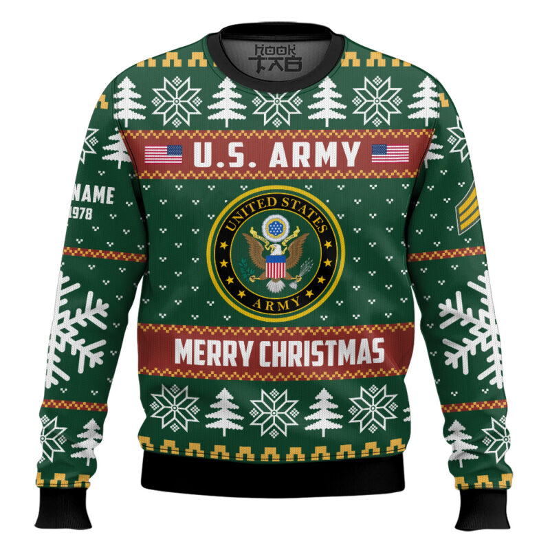 Hooktab US Army Proud Veteran - Custom Name, Rank And Years Of Service Ugly Sweater
