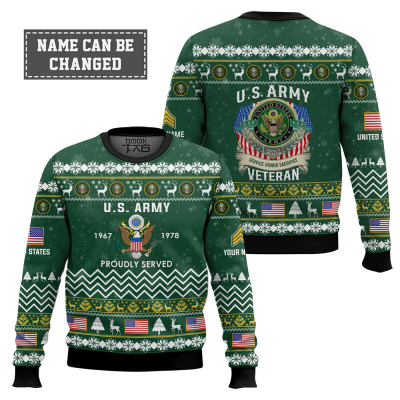 Hooktab US Army Proudly Served Veteran - Custom Name, Rank And Years Of Service Ugly Sweater Hooktab US Army Proudly Served Veteran - Custom Name, Rank And Years Of Service Ugly Sweater