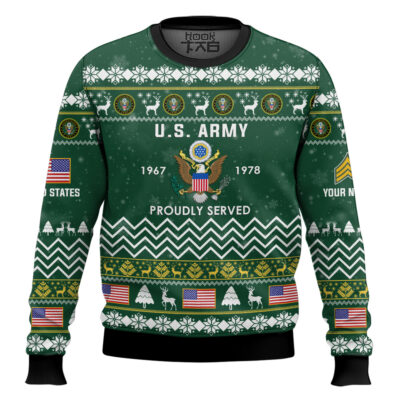 Hooktab US Army Proudly Served Veteran - Custom Name, Rank And Years Of Service Ugly Sweater