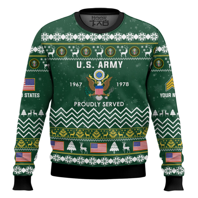 Hooktab US Army Proudly Served Veteran - Custom Name, Rank And Years Of Service Ugly Sweater