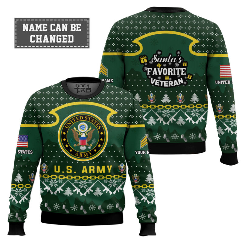 Hooktab US Army Santa's Favorite Veteran - Custom Name And Rank Ugly Sweater Hooktab US Army Santa's Favorite Veteran - Custom Name And Rank Ugly Sweater