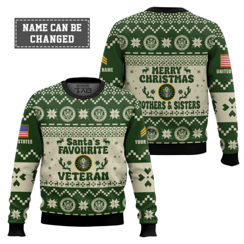 Hooktab US Army Santa's Favourite Veterans - Custom Name And Rank Ugly Sweater Hooktab US Army Santa's Favourite Veterans - Custom Name And Rank Ugly Sweater