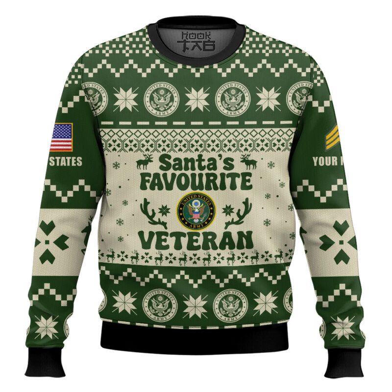 Hooktab US Army Santa's Favourite Veterans - Custom Name And Rank Ugly Sweater