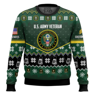 Hooktab US Army Strong And Brave - Custom Name And Rank Ugly Sweater