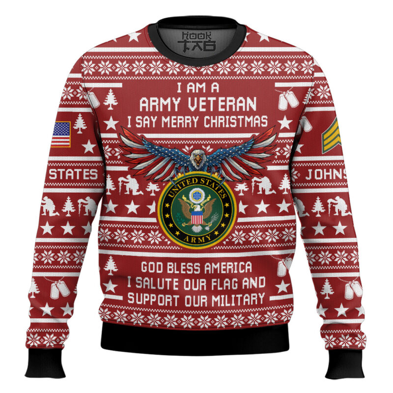 Hooktab US Army Veteran Merry Christmas - Custom Name And Rank Ugly Sweater