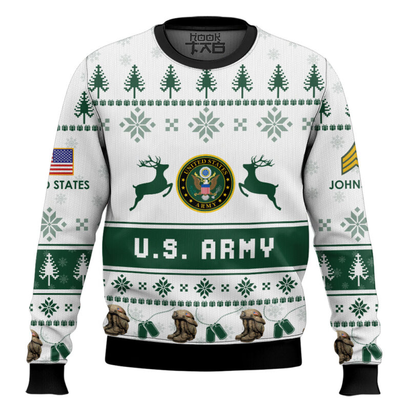 Hooktab US Army Veteran Proudly Served - Custom Name And Rank Ugly Sweater