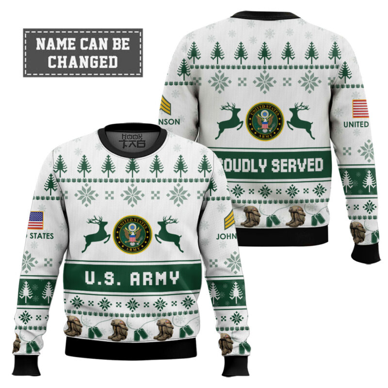 Hooktab US Army Veteran Proudly Served - Custom Name And Rank Ugly Sweater Hooktab US Army Veteran Proudly Served - Custom Name And Rank Ugly Sweater