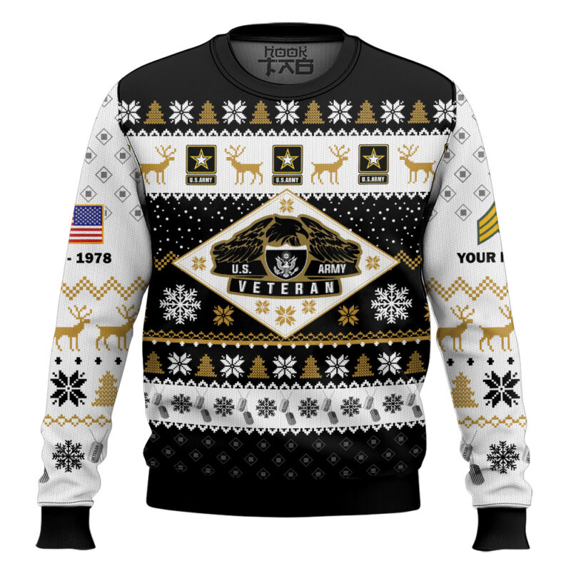 Hooktab US Army Veterans - Custom Name, Rank And Years Of Service Ugly Sweater