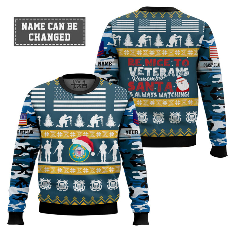 Hooktab US Coast Guard Be Nice To Veterans Remember Santa Is Always Watching - Custom Name And Rank Ugly Sweater Hooktab US Coast Guard Be Nice To Veterans Remember Santa Is Always Watching - Custom Name And Rank Ugly Sweater