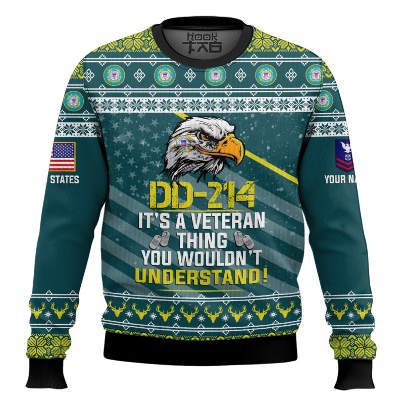Hooktab US Coast Guard DD-214 It's A Veteran Thing You Wouldn't Understand - Custom Name And Rank Ugly Sweater