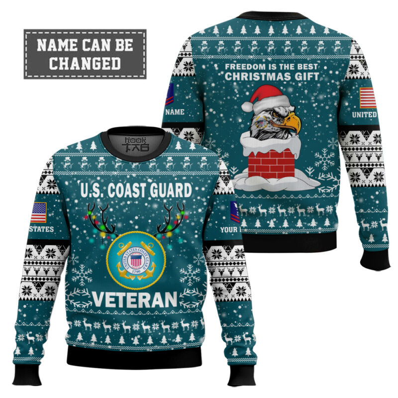 Hooktab US Coast Guard Freedom Is The Best Gift - Custom Name And Rank Ugly Sweater Hooktab US Coast Guard Freedom Is The Best Gift - Custom Name And Rank Ugly Sweater