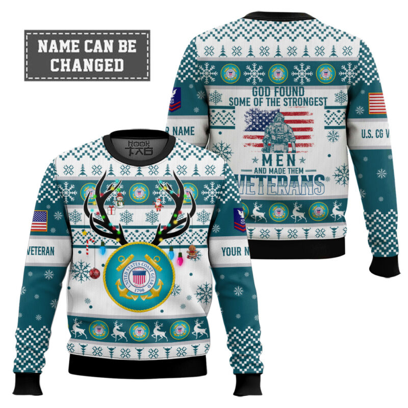 Hooktab US Coast Guard God Found The Strongest Men And Made Them Veteran - Custom Name And Rank Ugly Sweater Hooktab US Coast Guard God Found The Strongest Men And Made Them Veteran - Custom Name And Rank Ugly Sweater