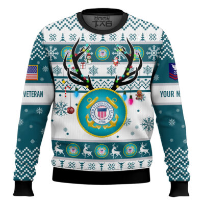 Hooktab US Coast Guard God Found The Strongest Men And Made Them Veteran - Custom Name And Rank Ugly Sweater