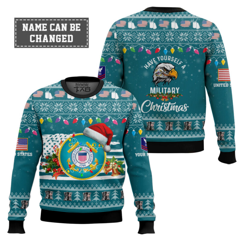 Hooktab US Coast Guard Have Yourself A Military Christmas - Custom Name And Rank Ugly Sweater Hooktab US Coast Guard Have Yourself A Military Christmas - Custom Name And Rank Ugly Sweater