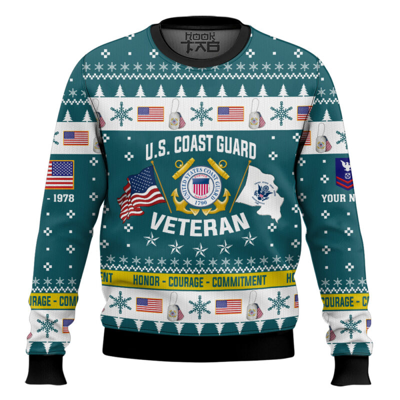 Hooktab US Coast Guard I Served My Country And Damn Proud Of It - Custom Name, Rank And Years Of Service Ugly Sweater
