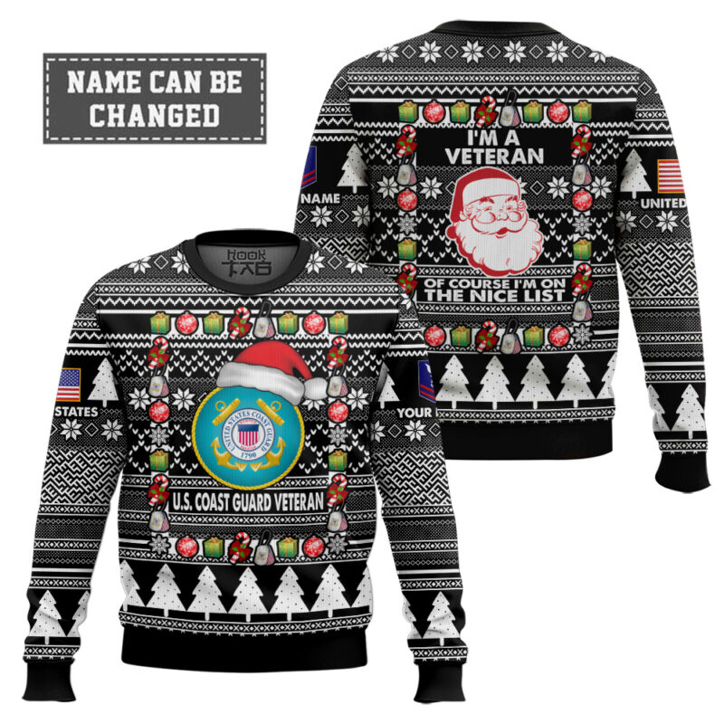 Hooktab US Coast Guard I'm A Veteran, Of Course I'm On The Nice List - Custom Name And Rank Ugly Sweater Hooktab US Coast Guard I'm A Veteran, Of Course I'm On The Nice List - Custom Name And Rank Ugly Sweater