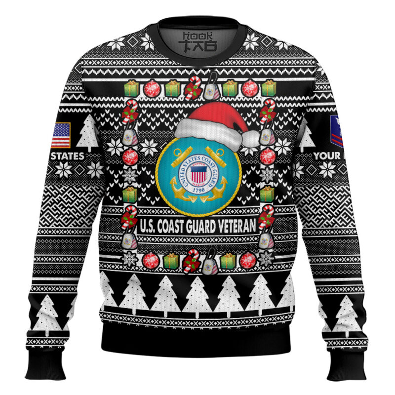 Hooktab US Coast Guard I'm A Veteran, Of Course I'm On The Nice List - Custom Name And Rank Ugly Sweater
