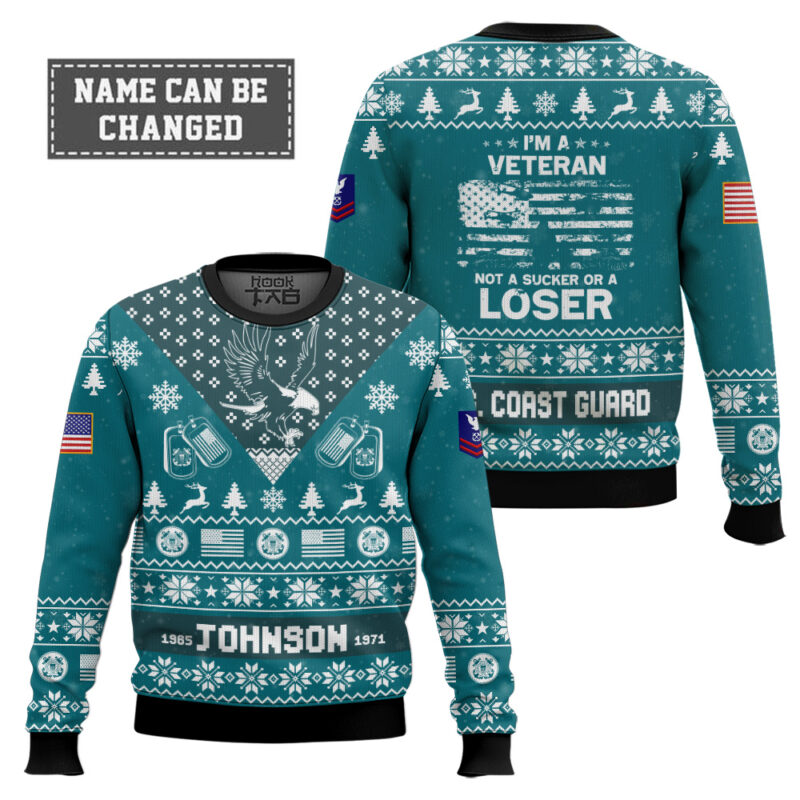 Hooktab US Coast Guard I'm Veteran Not A Sucker Or A Loser - Custom Name, Rank And Year Of Service Ugly Sweater Hooktab US Coast Guard I'm Veteran Not A Sucker Or A Loser - Custom Name, Rank And Year Of Service Ugly Sweater