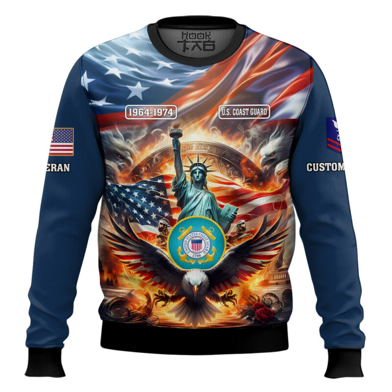 Hooktab US Coast Guard Liberty Eagle - Custom Name, Rank And Years Of Service Ugly Sweater