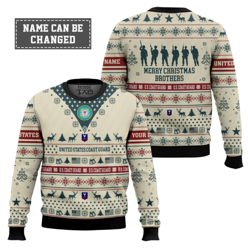 Hooktab US Coast Guard Merry Christmas Brothers - Custom Name And Rank Ugly Sweater Hooktab US Coast Guard Merry Christmas Brothers - Custom Name And Rank Ugly Sweater