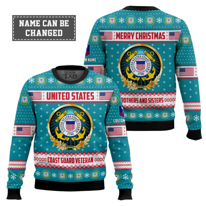 Hooktab US Coast Guard Merry Christmas Brothers And Sisters - Custom Name And Rank Ugly Sweater Hooktab US Coast Guard Merry Christmas Brothers And Sisters - Custom Name And Rank Ugly Sweater