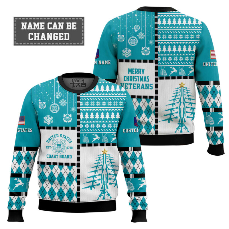 Hooktab US Coast Guard Merry Christmas Veteran - Custom Name And Rank Ugly Sweater Hooktab US Coast Guard Merry Christmas Veteran - Custom Name And Rank Ugly Sweater