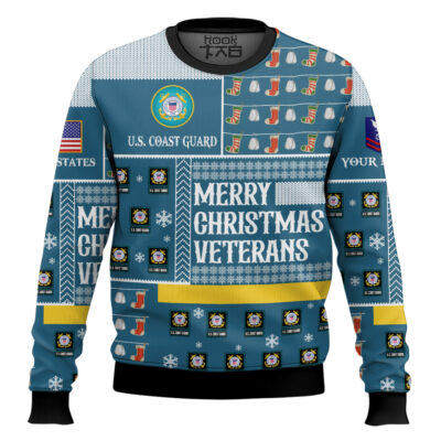Hooktab US Coast Guard Merry Christmas Veterans - Custom Name And Rank Ugly Sweater