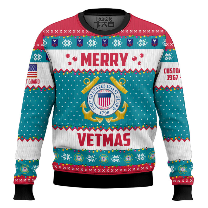 Hooktab US Coast Guard Merry Vetmas - Custom Name And Years Of Service Ugly Sweater