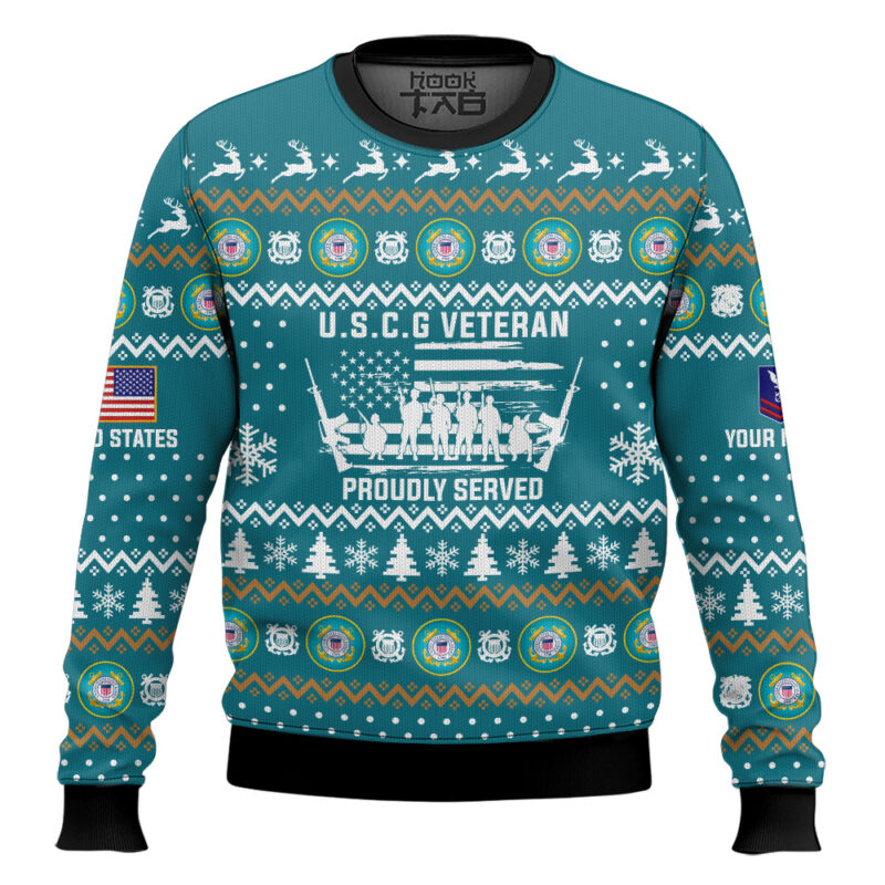 Hooktab US Coast Guard Merry Xmas Brothers And Sisters - Custom Name And Rank Ugly Sweater