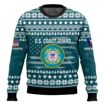 Hooktab US Coast Guard My Time In Uniform Is Over But Being A Veteran Never Ends - Custom Name And Rank Ugly Sweater