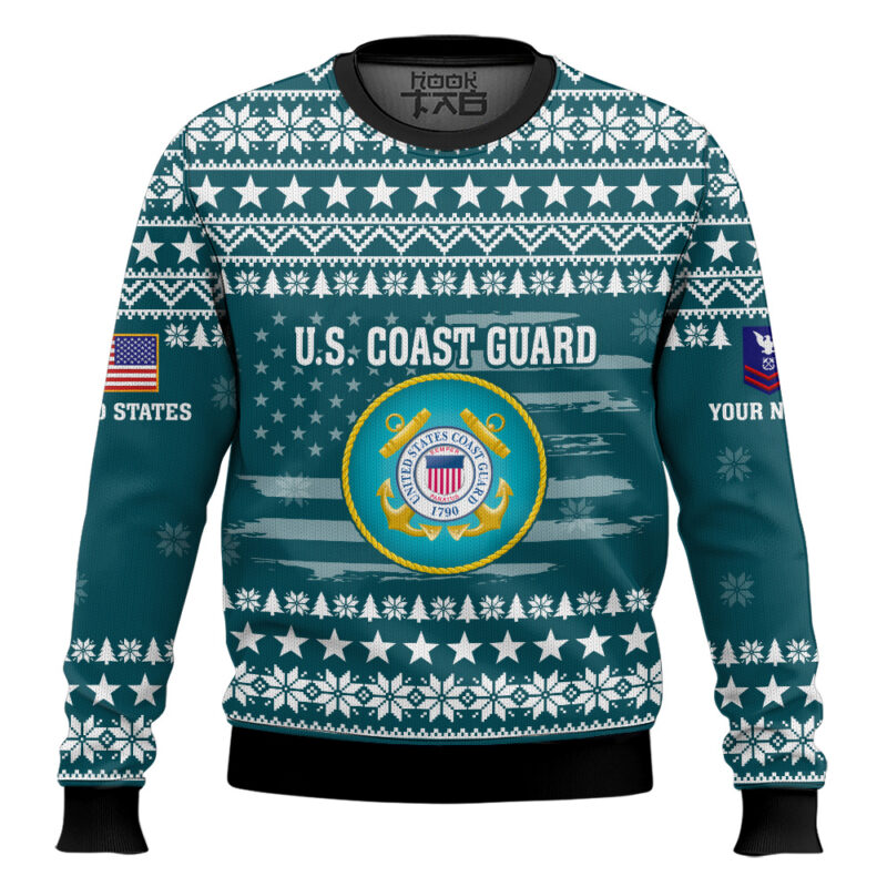 Hooktab US Coast Guard My Time In Uniform Is Over But Being A Veteran Never Ends - Custom Name And Rank Ugly Sweater