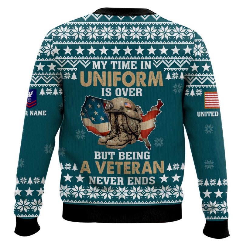 Hooktab US Coast Guard My Time In Uniform Is Over But Being A Veteran Never Ends - Custom Name And Rank Ugly Sweater Hooktab US Coast Guard My Time In Uniform Is Over But Being A Veteran Never Ends - Custom Name And Rank Ugly Sweater