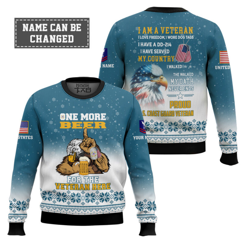 Hooktab US Coast Guard One More Beer For The Veteran Here - Custom Name And Rank Ugly Sweater Hooktab US Coast Guard One More Beer For The Veteran Here - Custom Name And Rank Ugly Sweater