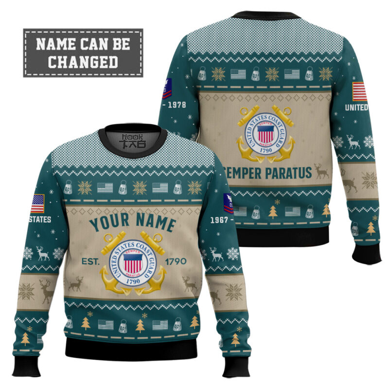 Hooktab US Coast Guard Proud Motto - Custom Name, Rank And Years Of Service Ugly Sweater Hooktab US Coast Guard Proud Motto - Custom Name, Rank And Years Of Service Ugly Sweater