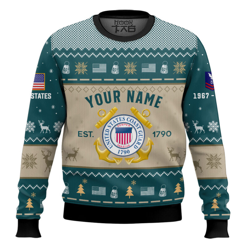 Hooktab US Coast Guard Proud Motto - Custom Name, Rank And Years Of Service Ugly Sweater