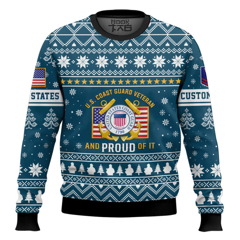 Hooktab US Coast Guard Proud Veteran - Custom Name And Rank Ugly Sweater