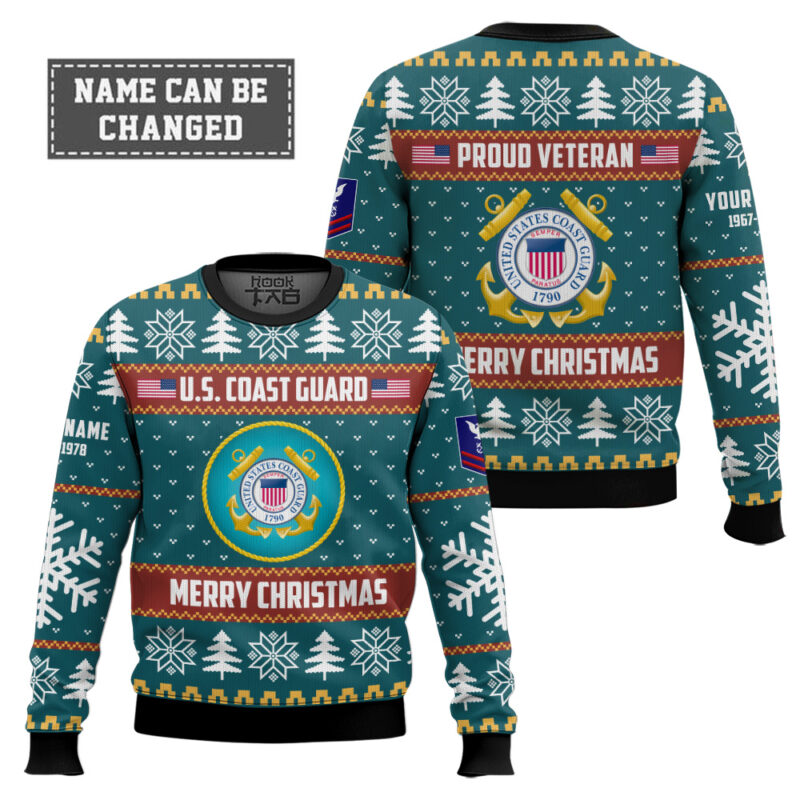 Hooktab US Coast Guard Proud Veteran - Custom Name, Rank And Years Of Service Ugly Sweater Hooktab US Coast Guard Proud Veteran - Custom Name, Rank And Years Of Service Ugly Sweater