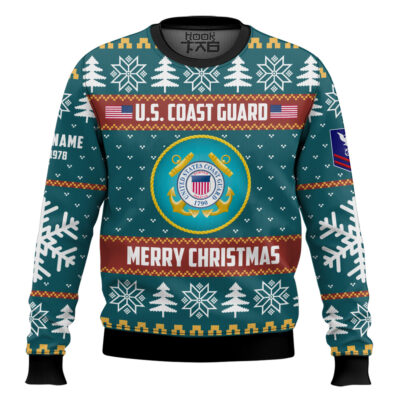 Hooktab US Coast Guard Proud Veteran - Custom Name, Rank And Years Of Service Ugly Sweater