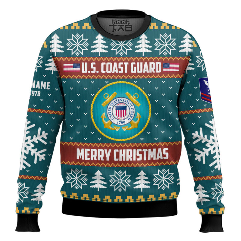 Hooktab US Coast Guard Proud Veteran - Custom Name, Rank And Years Of Service Ugly Sweater